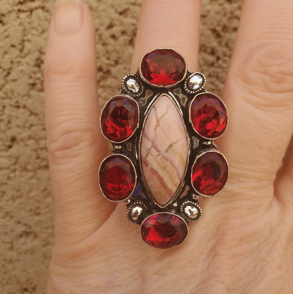 New Oversized Rhodochrosite & Garnet 925 Silver Statement Ring. - Picture 14 of 16